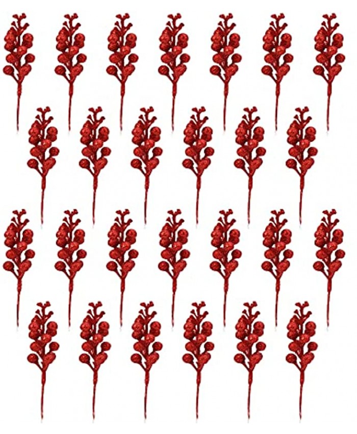 26Pcs Christmas Glitter Berry Stems 7.8" Artificial Christmas Tree Decorations for Decorating Christmas Wreaths Crafts Holiday and Home DecorationsRed