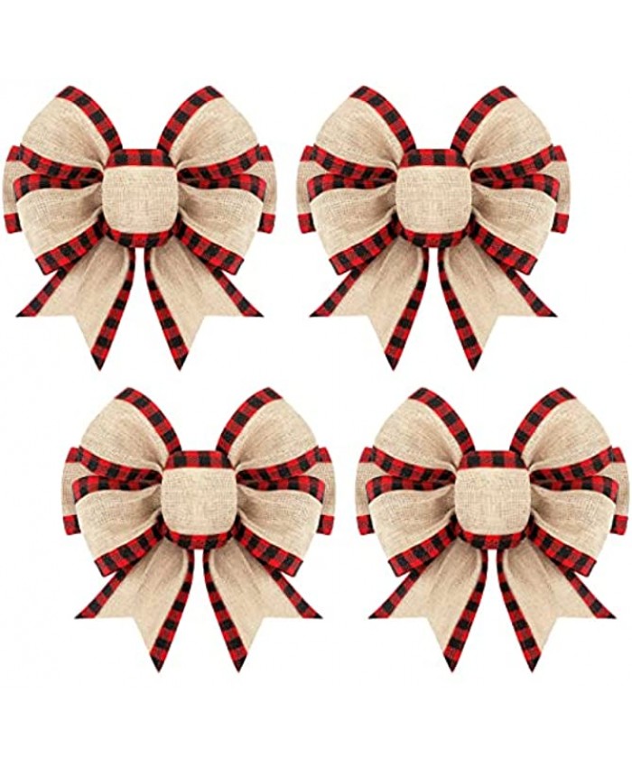 4 Pieces Christmas Burlap Plaid Bow Christmas Buffalo Plaid Bow Gingham Craft Bows Tree Decorative Bows Wreath Bow Decor for Crafts Xmas Party Birthday Decor Red and Black