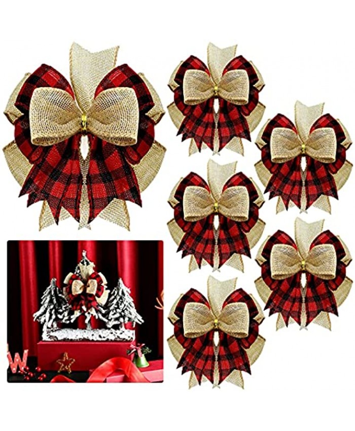 6 Pieces Burlap Wreaths Bows Plaid Burlap Bows Double Layed Bows Christmas Tree Topper Bows for Home Front Door Holiday Wedding Thanksgiving Party Decorations Red and Black