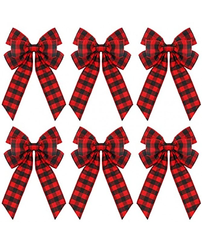 6 Pieces Christmas Burlap Bows Knot Handmade Ribbon Bows Natural Rustic Burlap Wreath Decorative Bowknot Ornament for Christmas Decorate Tree Festival Holiday Party Supplies Red Black Plaid Style