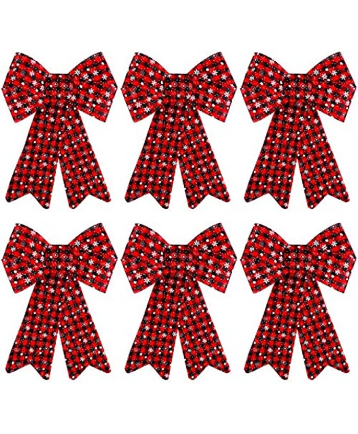 Aneco 6 Pack Red Buffalo Plaid Bows Holiday Christmas Snowflake Pattern Wreath Bows PVC Xmas Decoration Bows for Christmas Party Ornaments or Craft Makings 9 x 12 Inches