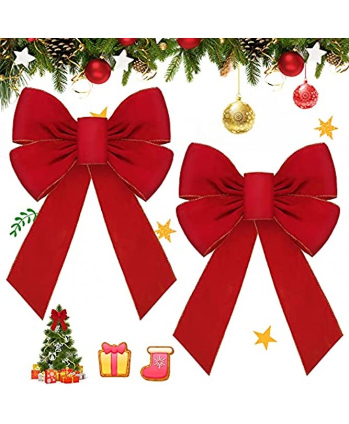 Canlierr 2 Pieces Christmas Red Velvet Bows Big Red Bow Large Wired Red Wreath Bows Christmas Decorative Waterproof Bows Decors for Christmas Tree Indoor Outdoor Decorations
