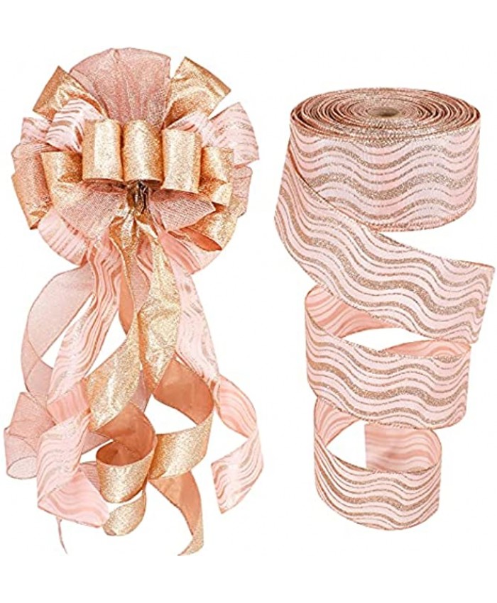 Christmas Tree Topper 12 x 34 Inch Hanging Christmas Large Bow Christmas Bowknot Ornaments and A Roll Christmas Tree Decorations Ribbon 2.5 Inch x 20 Yard for Christmas Decoration Rose Gold Style