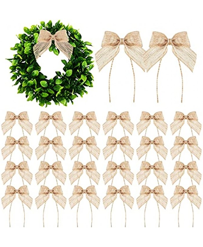 Dingion 50 Pieces Christmas Burlap Bows Handmade Christmas Bows Decorative Bow Ornament Natural Burlap Bowknot Ornament Rustic Christmas Tree Bows for Christmas Tree Festival Holiday Party Supplies