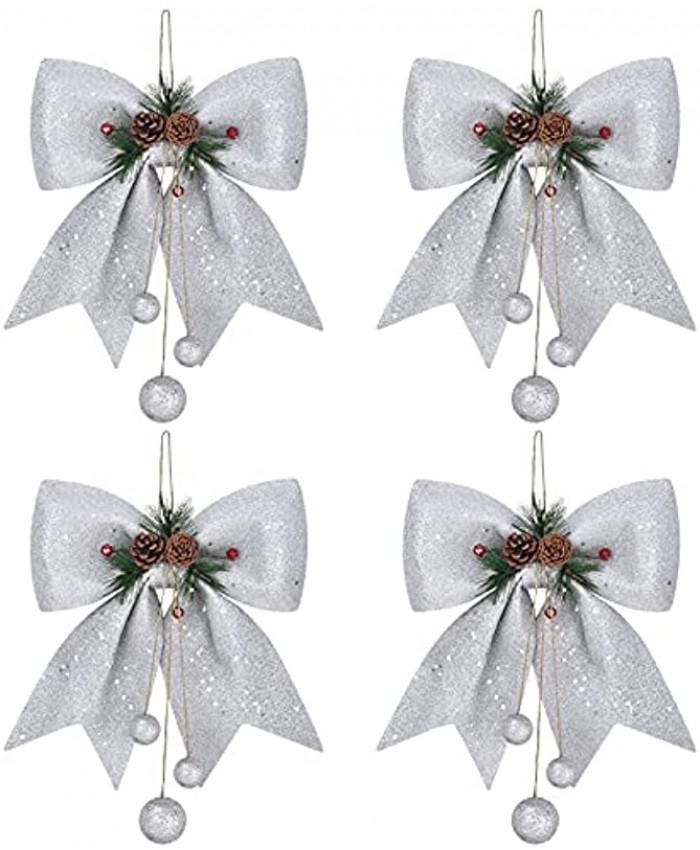 Dolicer 4pcs Christmas Decorative Bow Christmas Tree Glitter Bow Wreaths Bow with Pinecone Xmas Bows Ornament for Garland Treetopper Christmas Party Gifts Home Indoor Decor 9.8 x 11.8in Silver