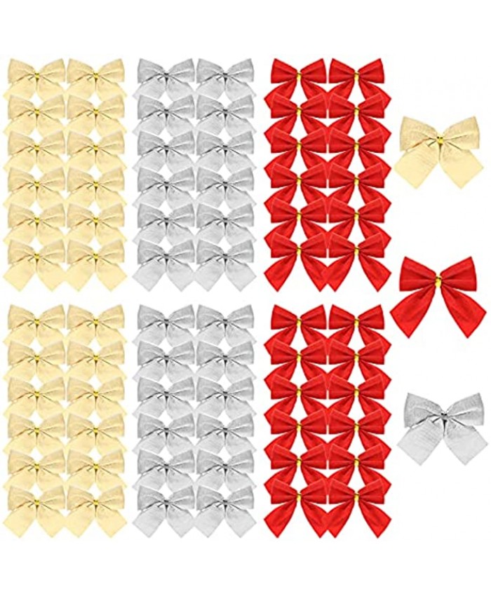 FANKUTOYS 72 Pcs Christmas Tree Bows Red Gold Silver Satin Ribbon Bows Flowers Appliques DIY Craft for Sewing Scrapbooking Wedding and Gift