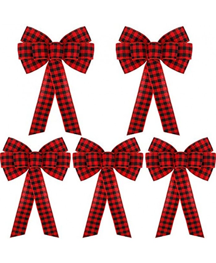 FUNARTY Large Christmas Bows 10x19 Inches Red Buffalo Plaid Holiday Decorative Ornaments for Wreath Garland Treetopper Christmas Tree Indoor and Outdoor Decorations 6 Pack