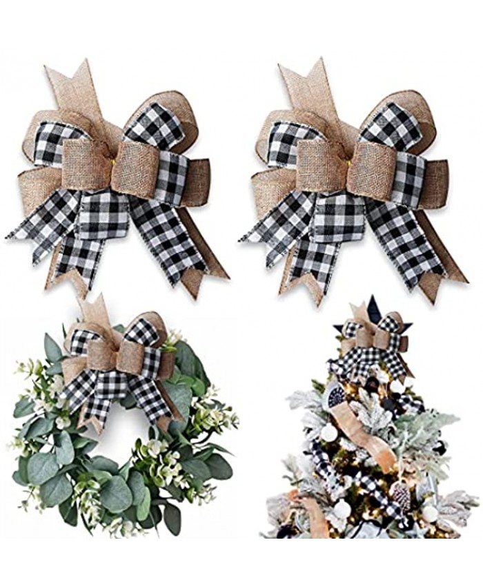 Hongsome Buffalo Plaid Burlap Bows for Wreath 2 Pack,12”x9.4”Large Rustic Christmas Tree Topper Check Bow Decoration for Wedding Holiday Party Wall Home Front Door Decorative OrnamentsBlack&White