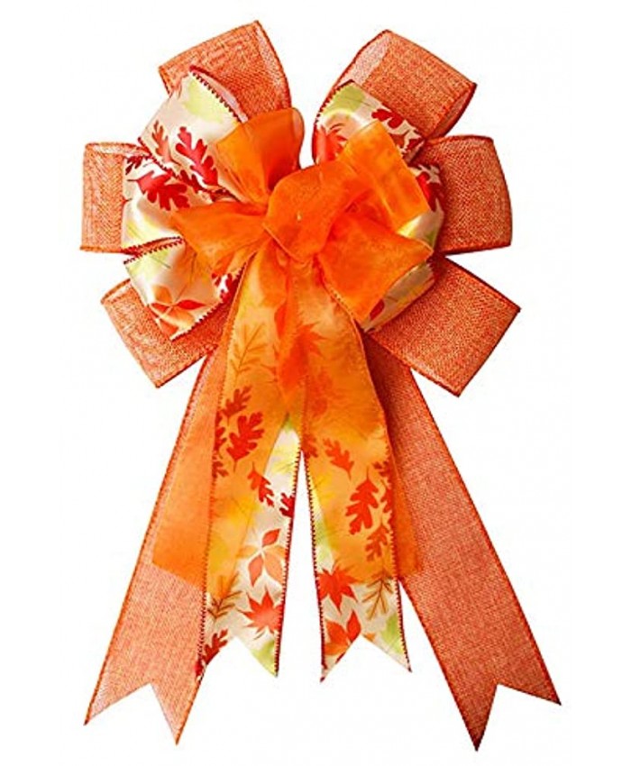 JANOU Orange Maple Leaves Bow Thanksgiving Holiday Wreath Bow DIY Crafts Burlap Rustic Bowknot Ornaments for Christmas Tree Topper Wedding Halloween Thanksgiving Party Decorations