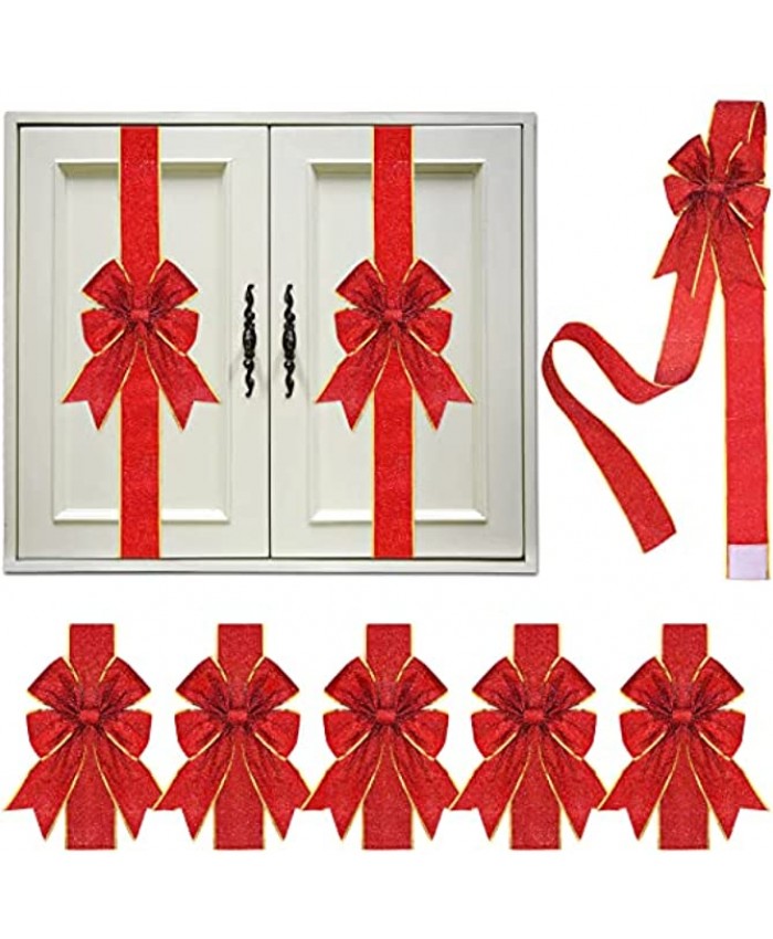 Luinabio 6 Pieces Christmas Glitter Cabinet Door Ribbons and Bows Cabinet Door Festive Ribbons with Xmas Red and Gold Bows for Christmas Tree Home Cabinet Door Mantel Decorations 80.5 x 3 Inches