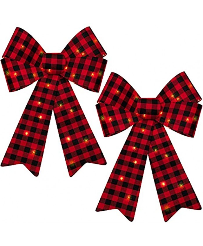 MCEAST 2 Pack Buffalo Plaid Christmas Bows Decoration with LED Lights 18 x 12 Inches Holiday Decorative Bows Christmas Bows for Wreaths for Indoor and Outdoor Decorations Party Supplies