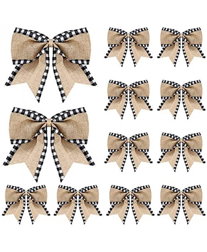 Syhood 12 Pieces Christmas Burlap Plaid Bow Christmas Buffalo Plaid Bow Christmas Decoration Bow for Christmas Tree Crafts Home Decoration White and Black