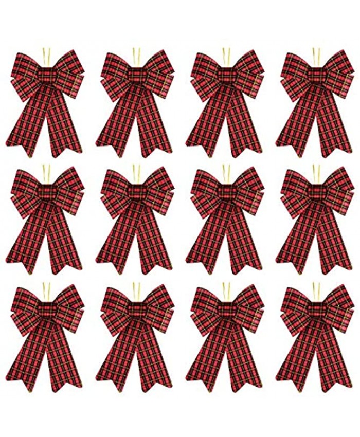 URATOT 12 Pieces Buffalo Plaid Christmas Bows Holiday Decorative Bows PVC Christmas Tree Topper Bows for Christmas Wreaths Decoration and Other DIY Crafts 5 x 8 Inches