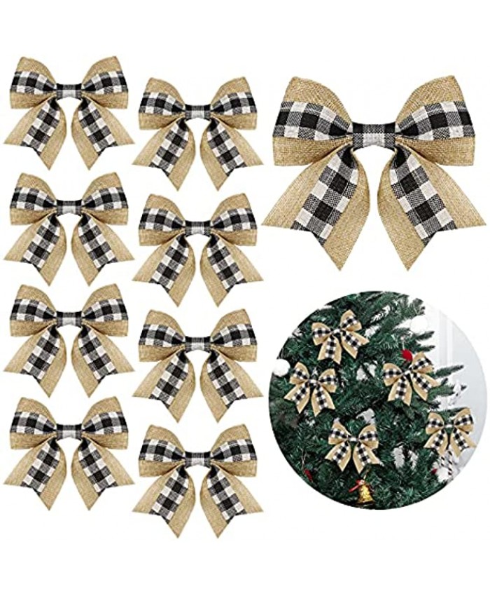 Waydress Christmas Burlap Bow Buffalo Plaid Bow Christmas Wreath Decoration Bow Door Burlap Natural Bowknot Ornament for Christmas Tree Craft Home Decoration White and Black 12
