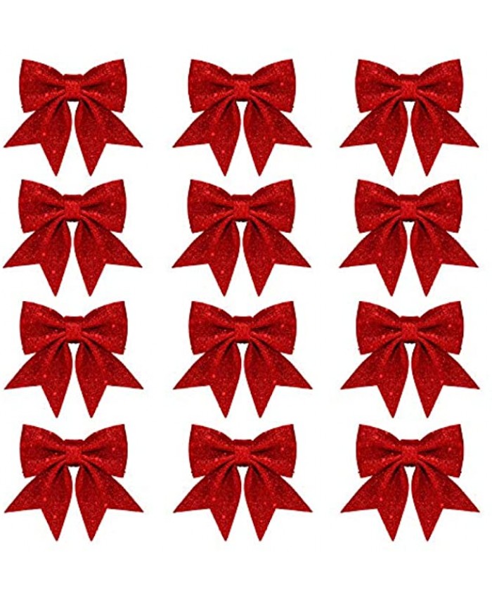 Whaline 12pcs Christmas Bow Decorations Red Wreaths Bows Small Christmas Tree Bow Sequin Bow Ties Xmas Decorative Bows Ornaments for Home Christmas Party 5.5 in