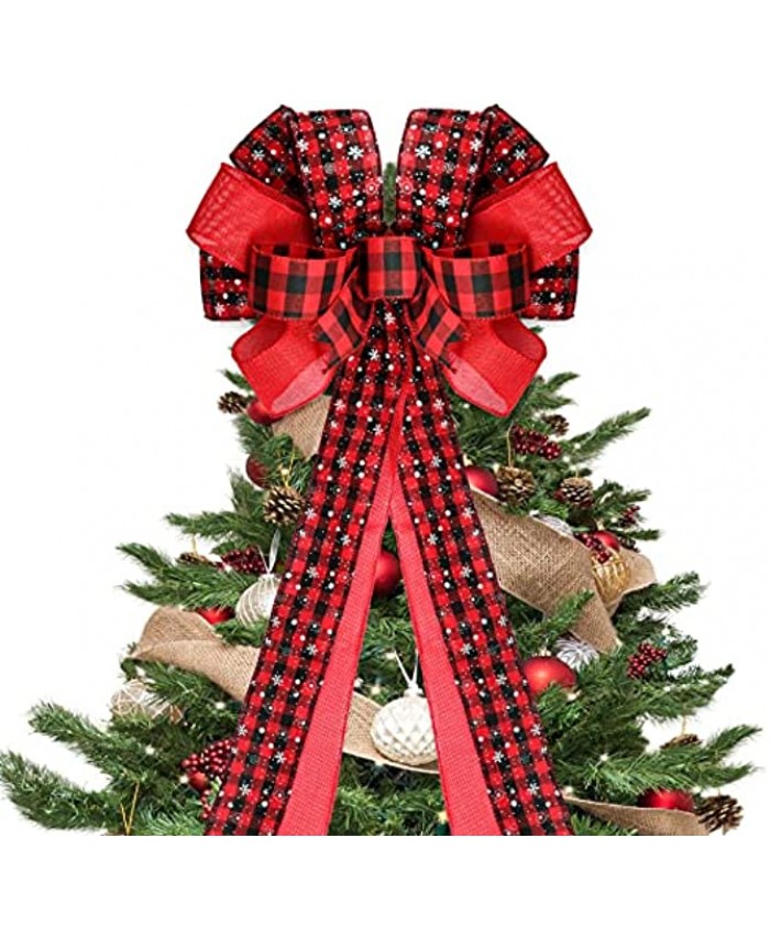 Whaline Christmas Bow Tree Topper Buffalo Plaid Xmas Large Bow with Snowflakes Red Black Handmade Decorative Bow for Christmas Tree Wreath Crafts DIY Bow Decoration Festival Holiday Party 13 x 34inch