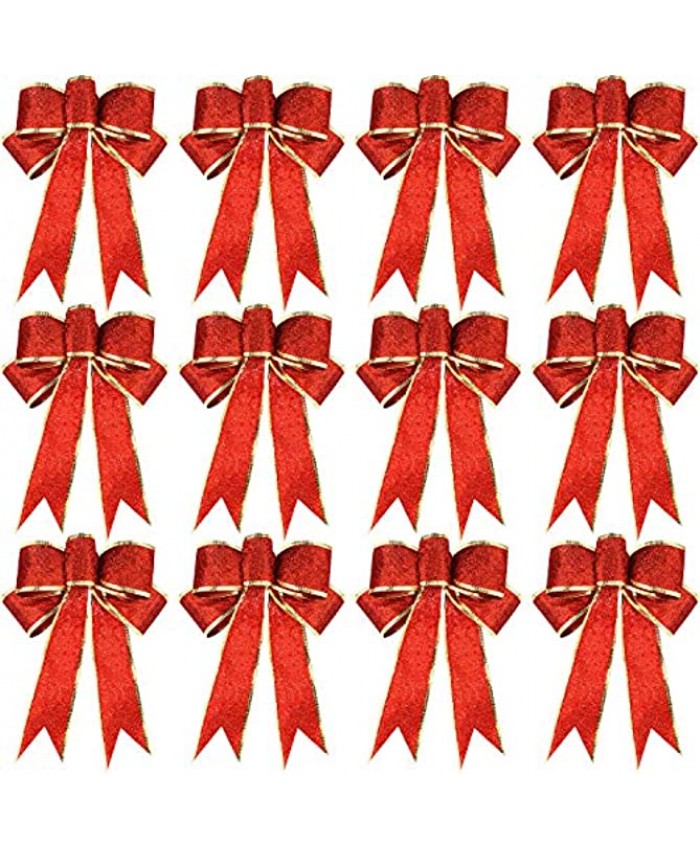WILLBOND 12 Pieces Glitter Christmas Bows Christmas Wreath Bow Christmas Tree Ornaments Bows for Christmas Party Decoration Gold and Red