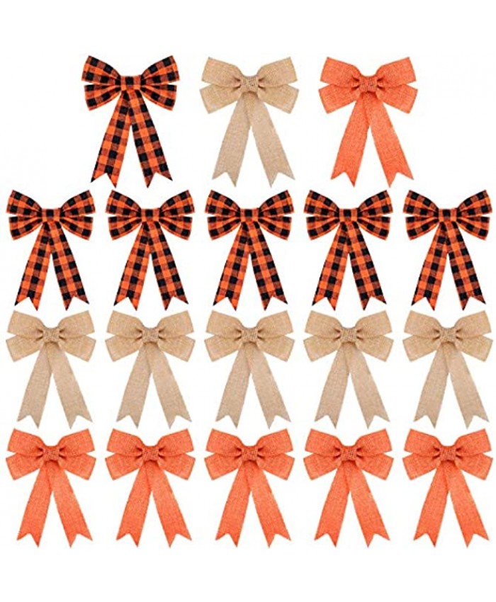WILLBOND 18 Pieces Thanksgiving Plaid Bows Orange and Black Burlap Bow Halloween Bow for Thanksgiving Fall Home Decor 5 x 7 Inch