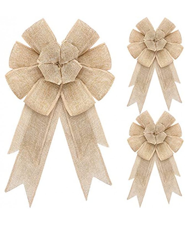 WILLBOND 3 Pieces 8.8 x 16 Inches Christmas Burlap Bows Natural Christmas Tree Topper Bow Holiday Decorative Bows Burlap Ribbon Bow Christmas Decorative Burlap Bow for Xmas Tree Home Decor