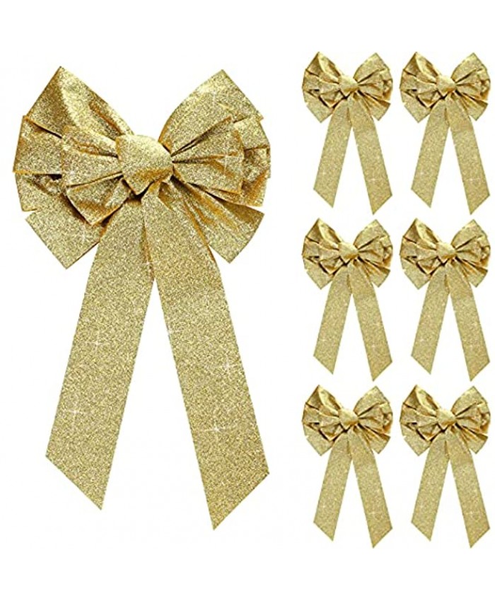 WILLBOND 6 Pieces Large Bow Velvet Christmas Bows Hanging Holiday Xmas Bows for Christmas Wreaths Decoration or Tree Toppers Indoor and Outdoor Decor Party Supply 9.8 x 17.7 Inch Gold