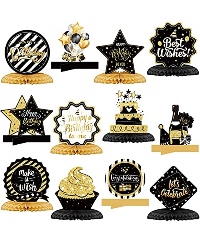 12 Pieces Happy Birthday Decorations Birthday Honeycomb Centerpieces 3D Table Toppers Birthday Honeycomb Decoration for Girls Boys Men Women Birthday Party Supplies Gold Black
