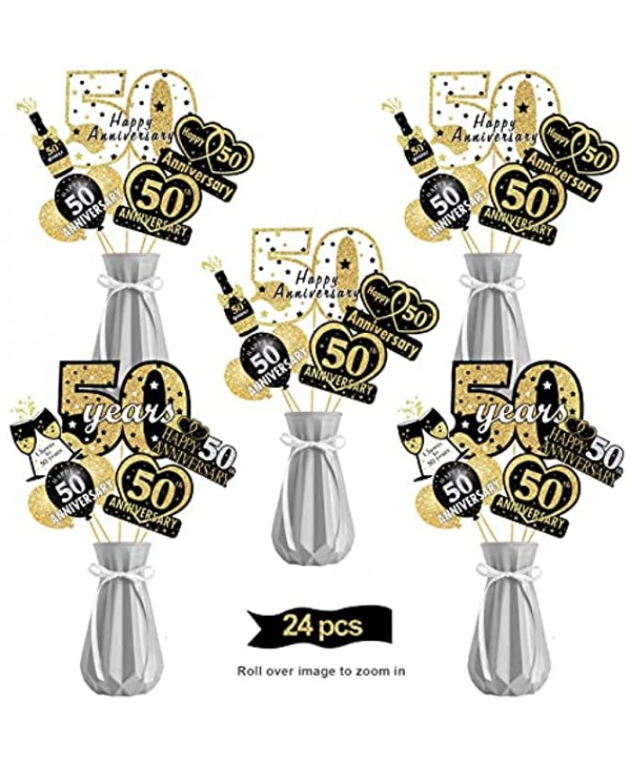 24pcs Happy 50th Anniversary Decorations Table Centerpiece Sticks Black Gold 50 Year Wedding Anniversary Tables Topper Party Supplies Fifty Anniversary Sign Decor