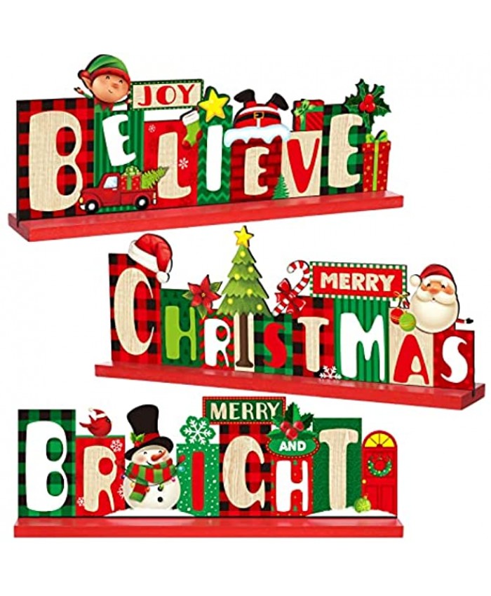 3 Pack Christmas Table Decorations Signs Santa Claus Table Ornaments Snowman Wooden Tabletop Party Decorations Joy Believe Merry Christmas Centerpiece for Winter Birthday Dinner Party Supplies
