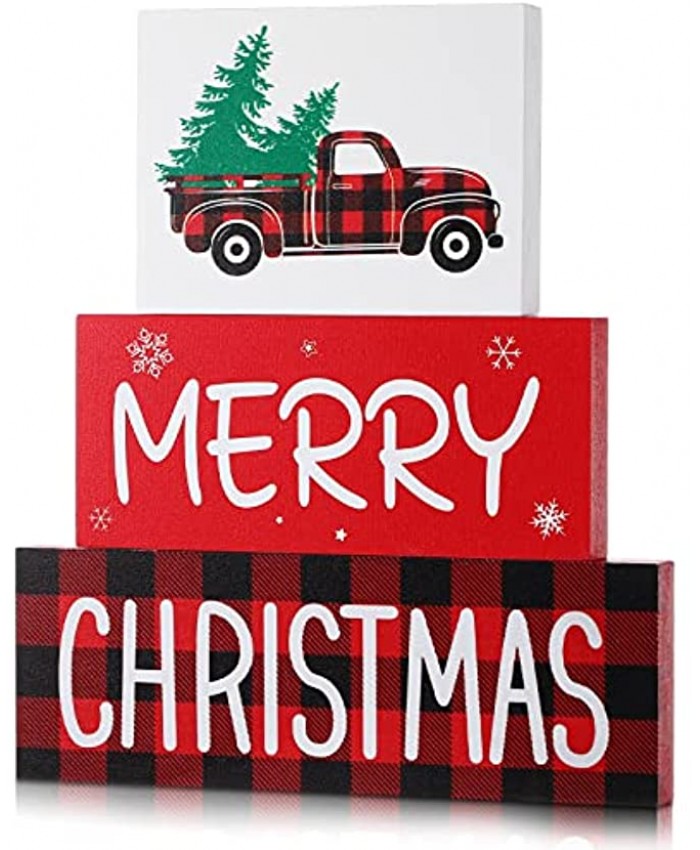 3 Pieces Christmas Table Decor Wooden Signs with Red Plaid Merry Christmas Farmhouse Wooden Block Set for Xmas Holiday Party Table Centerpiece Decorations