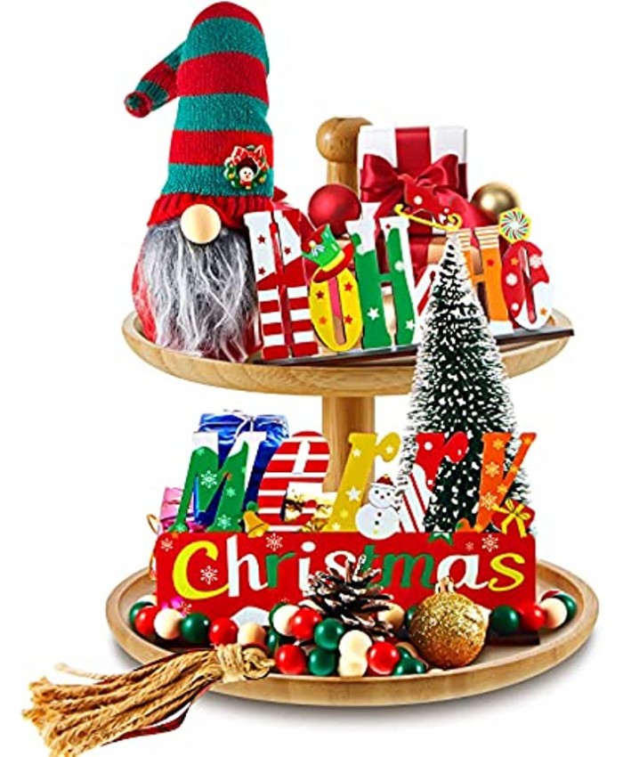 4 Pieces Christmas Tiered Tray Decoration Set 2 Pieces Christmas Wood Sign Decorations Hohoho Wood Table Signs Decorative Gnome Plush Doll Xmas Wooden Bead Garland for Party Decoration Supplies