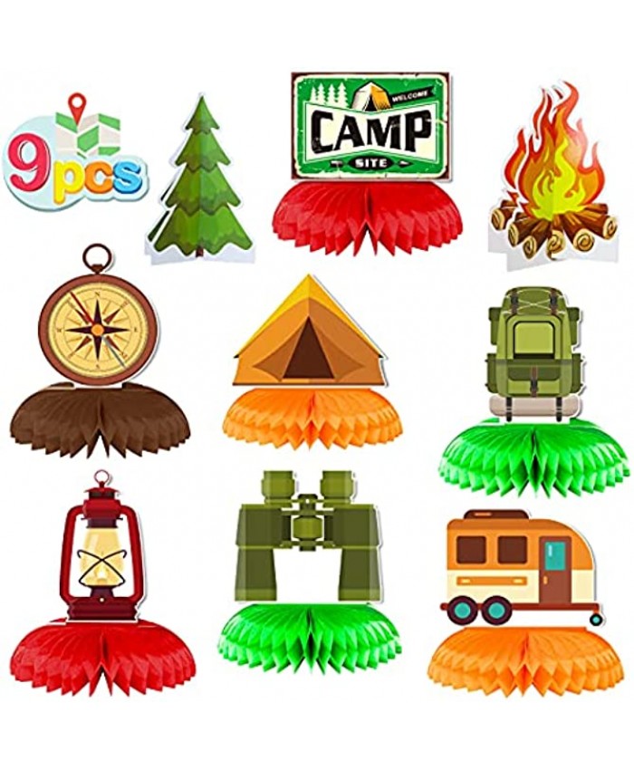 9 Pieces Happy Camper Theme Honeycomb Centerpieces Camping Adventure Table Topper Decorations for Boys Girls Adults Camping Theme Birthday Party Supplies Tent Bonfire Baby Shower Indoor Outdoor Camping Classroom Decor