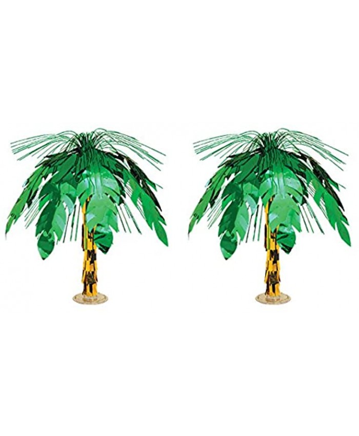 Beistle 2 Piece Metallic Plastic Palm Tree Cascade Centerpieces for Luau Hawaiian Theme Birthday Party Supplies Jungle Safari Decorations 18" Green Gold
