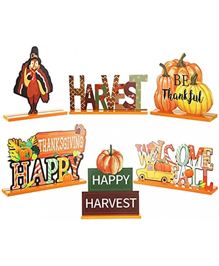 Blulu 6 Pieces Thanksgiving Wood Centerpiece Sign Fall Wooden Table Decor Harvest Pumpkin Table Standups Fall Turkey Wooden Tiered Tray Decorations for Autumn Thanksgiving Home Farmhouse Tabletop