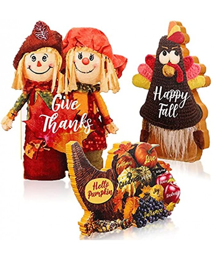 Blulu Thanksgiving Wooden Table Decorations Set of 3 Wood Turkey Cornucopia Decorations Autumn Fall Decorations Scarecrow Porch Sitters Harvest Decor Pumpkins Decor for Table TopDecor Party Home