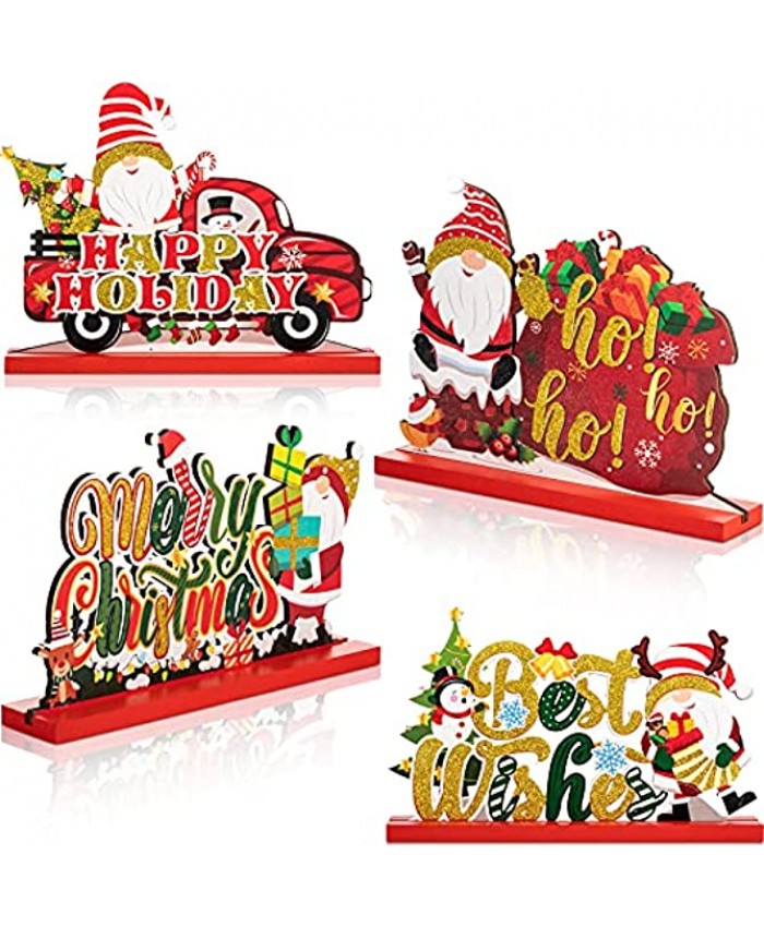 Christmas Gnome Wooden Centerpiece Sign 4 Pieces Merry Christmas Table Toppers Ornaments Christmas Gnome Table Signs Christmas Table Decorations for Winter Christmas Party Table Top Decoration