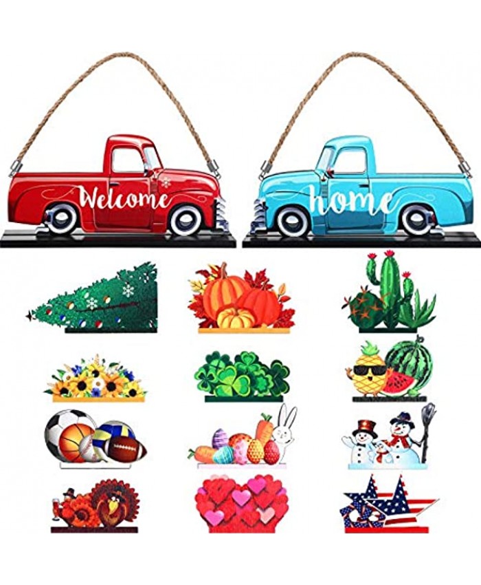 Christmas Sign Truck Welcome Home Sign Interchangeable Table Centerpieces with 12 Wooden Decorative Sign Double Print for Holiday Hanging Christmas Ornaments Table Decoration Valentines All Festival