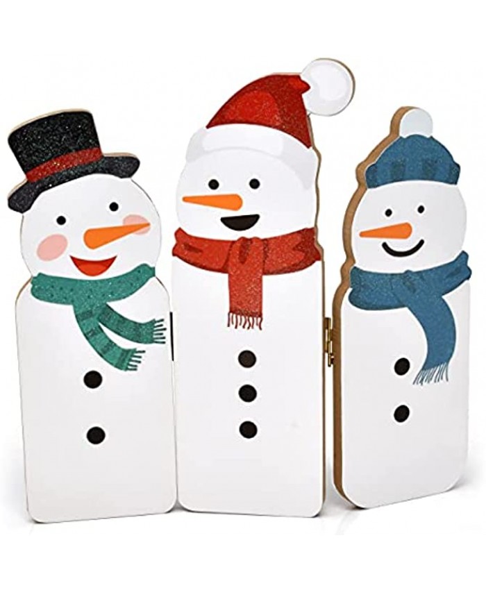 Christmas Wood Snowman Table Decoration Three Snowmen Decorative Folding Screen Wooden Christmas Signs Holiday Centerpiece for Office Desk Shelf Fireplace Mantle Tabletop Kitchen Home Party Decor