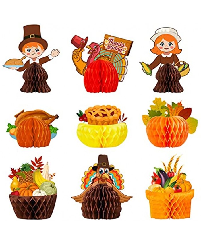 FRIUSATE Thanksgiving Honeycomb Decoration Kit Paper Turkey Pumpkin Centerpiece9pcs