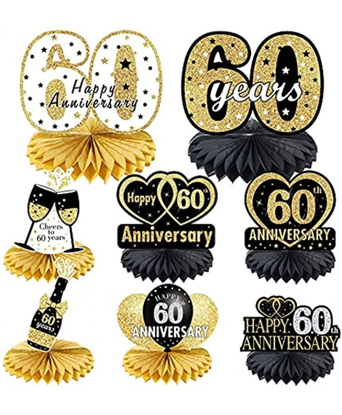 Happy 60th Anniversary Decorations Table Honeycomb Centerpiece 8pcs 60 Wedding Anniversary Party Supplies Black Gold Sixty Year Anniversary Table Topper Decor Kit