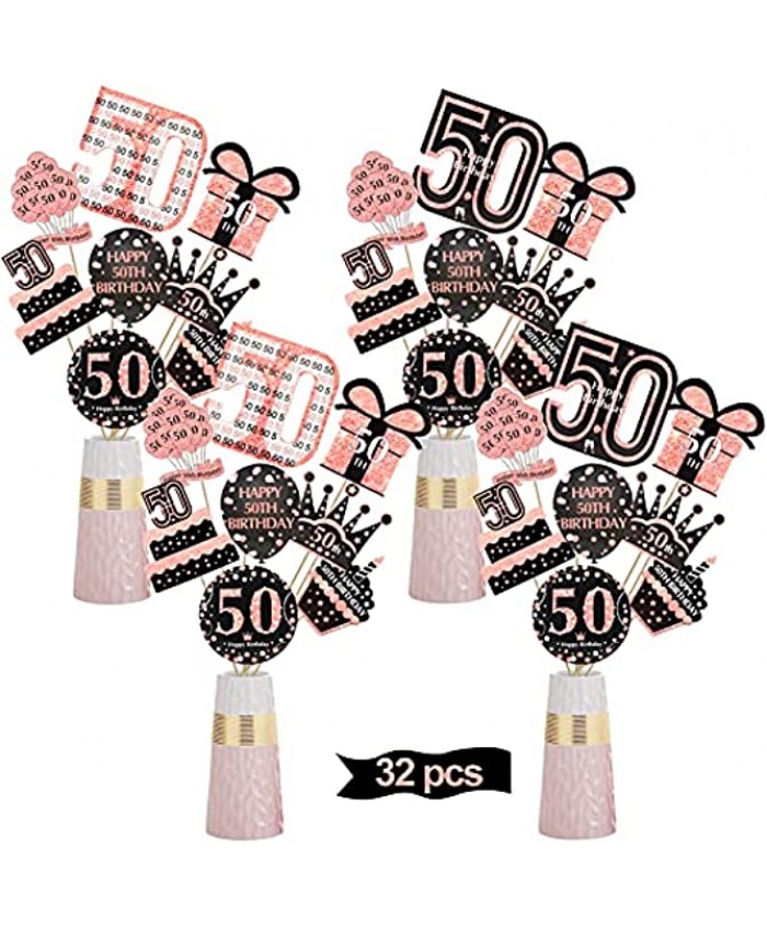 Pimvimcim 32pcs 50th Birthday Centerpiece Sticks Decorations for Women Happy 50 Year Old Birthday Table Topper Supplies Rose Gold Fifty Birthday Party Sign Décor