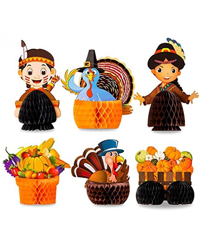 Whaline Thanksgiving Honeycomb Decoration Kit Paper Turkey Pumpkin Centerpiece Fall Harvest Honeycomb Table Topper Indians Standing Tissue Pompoms Playmates for Home Kitchen Fireplace 6 Pack