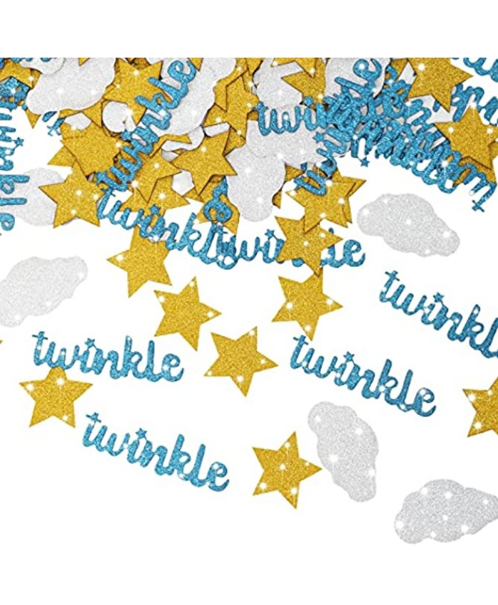 100 Pieces Twinkle Star Glitter Paper Confetti Glitter Blue Twinkle Table Confetti Silver Cloud Gold Stars Sequin Scatter Table Confetti for Baby Shower Gender Reveal Birthday Party Favors
