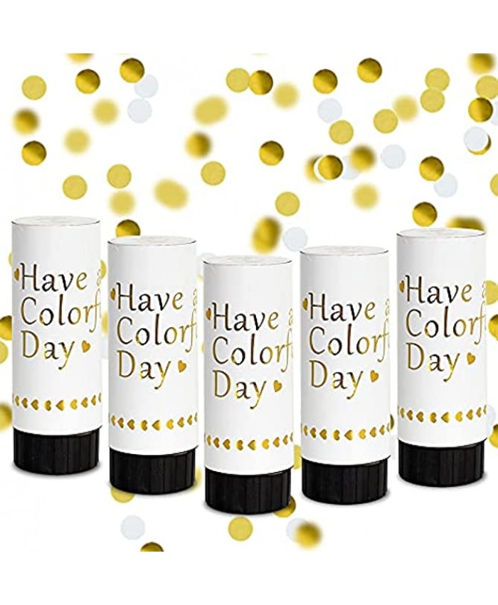 TONIFUL 5 Pack 4.3x1.6in Spring Push Confetti Poppers Cannon for Birthday Christmas Party Graduation Gender Reveal Baby Shower Bridal Anniversary New Year's Wedding Party Supplies White+Gold