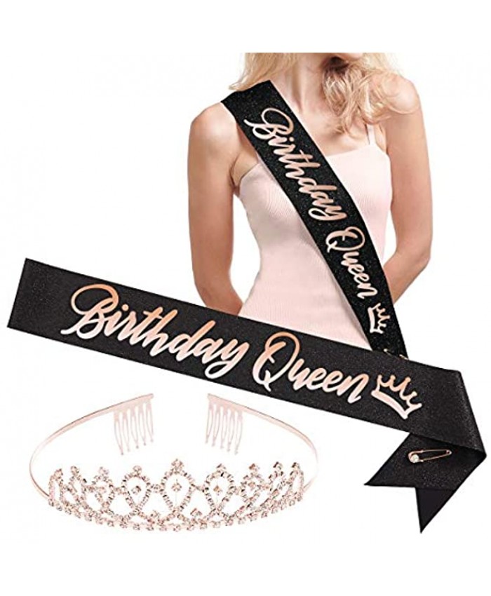 xo Fetti Birthday Queen Sash + Tiara Black Glitter + Rose Gold Foil | Birthday Party Decorations 16th 21st 30th 40th 50th Girl