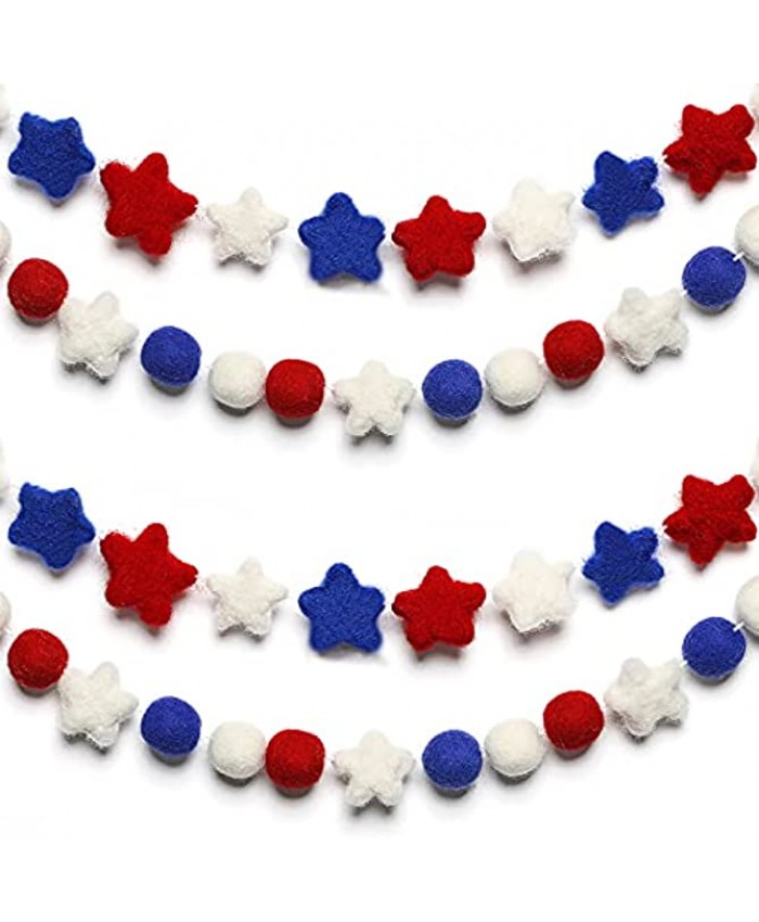 2 Pieces 4th of July Felt Ball Garlands Patriotic Hanging Garland White Blue and Red Pom Pom Ball Banner for Memorial Day Party Supplies Independence Day Tiered Tray Decor