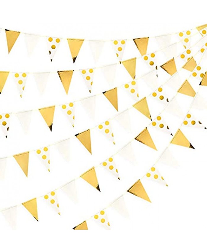 30 Ft White Gold Foil Polka Dot Pennant Banner Paper Triangle Flags Bunting Garland Streamer for Wedding Baby Bridal Shower Birthday Bachelorette Engagement Anniversary Xmas Holiday Party Decorations