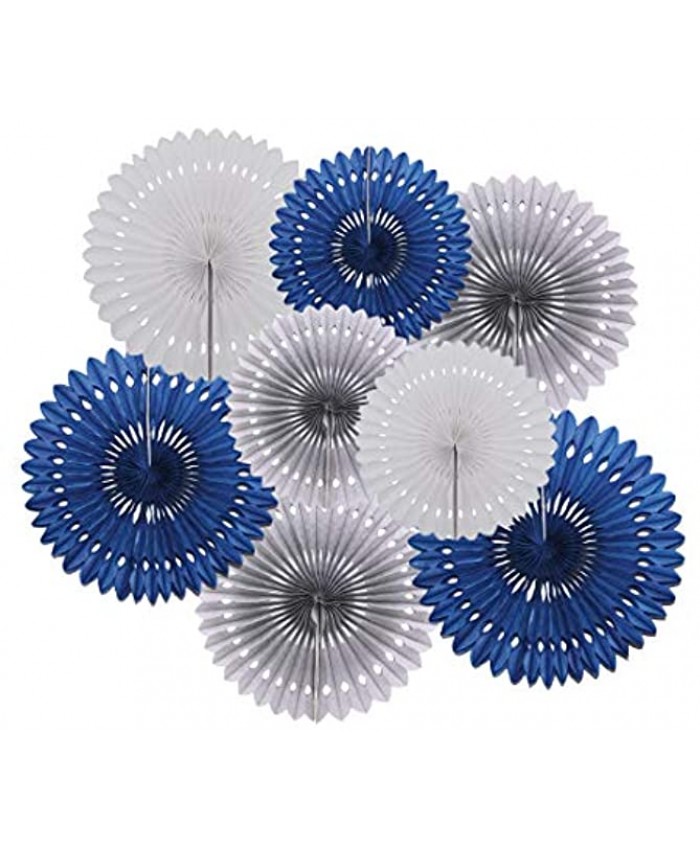 8PCS Navy Blue Gray White Hanging Paper Fans Rosettes Party Garland for Nautical Boy Baby Shower Navy Wedding Graduation Bachelorette Party Backdrops Decorations