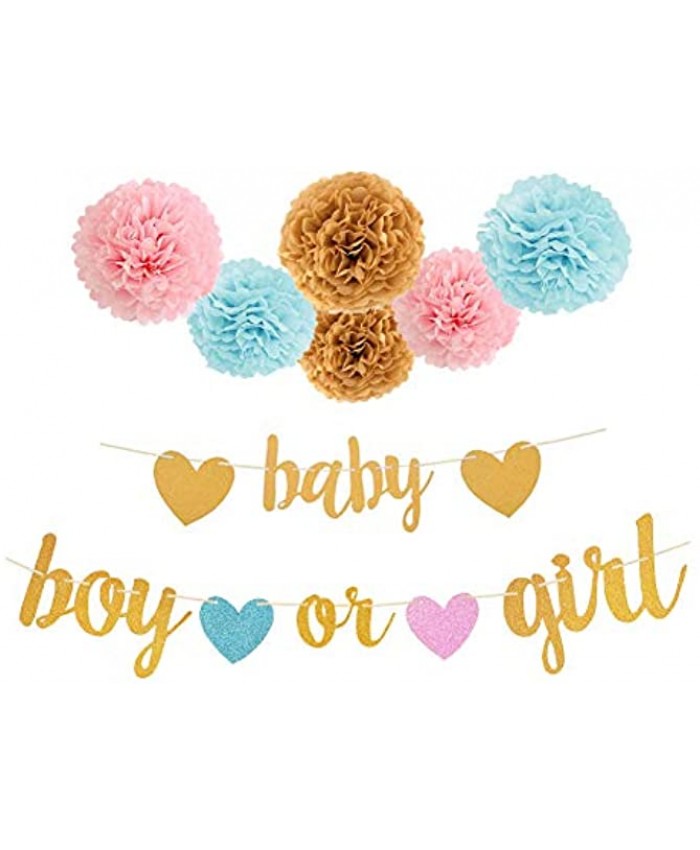 Aonor Gender Reveal Party Decorations Glitter Letters Baby and BOY OR Girl with Hearts Banner Tissue Paper Pom Poms Set for Baby Shower Party Decorations