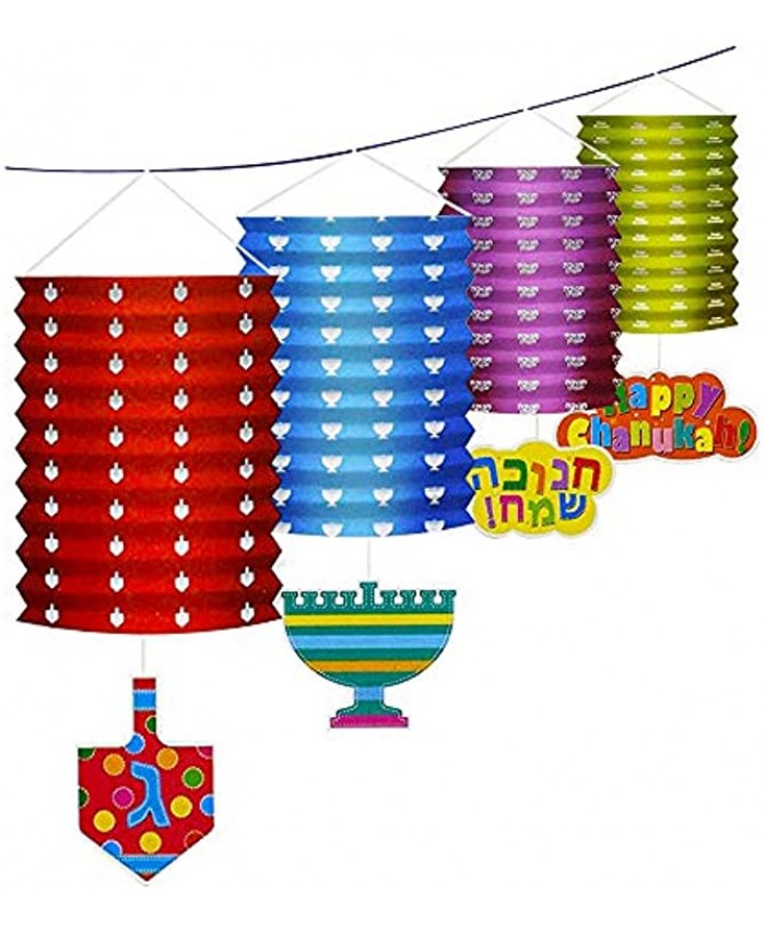 Chanukah Paper Lantern Garland 4 Paper Lanterns 4 Decorative Cards 12 Feet Long Hanukkah Party Decorations and Supplies Izzy 'n' Dizzy