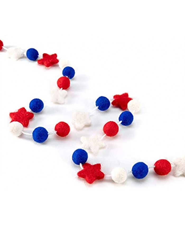 CINPIUK 4th of July Garland Felt Ball Star Banner Patriotic Red White and Blue Pom Pom Bunting for Independence Day Tiered Tray Decor Memorial Day Labor Day Veterans Day Decoration
