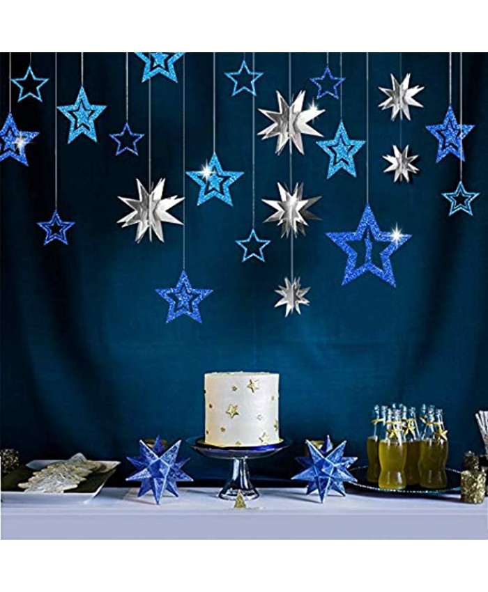 Decor365 Blue Silver Star Party Decoration Kit Metallic Glitter 3D Star Garland Twinkle Little Star Cutouts Starry Party Supplies Hanging Decor for Birthday Baby Shower Graduation Wedding Ramadan